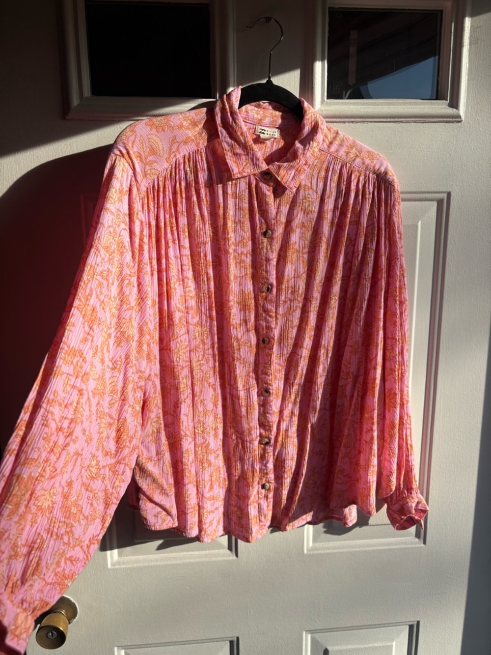 Billabong Women’s Pink & Orange Floral Boho Shirt 100% Viscose Bohemian Size S